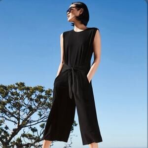 Eileen Fisher Washable Stretch Crepe Jumpsuit Front Tie Wide Leg Black Medium